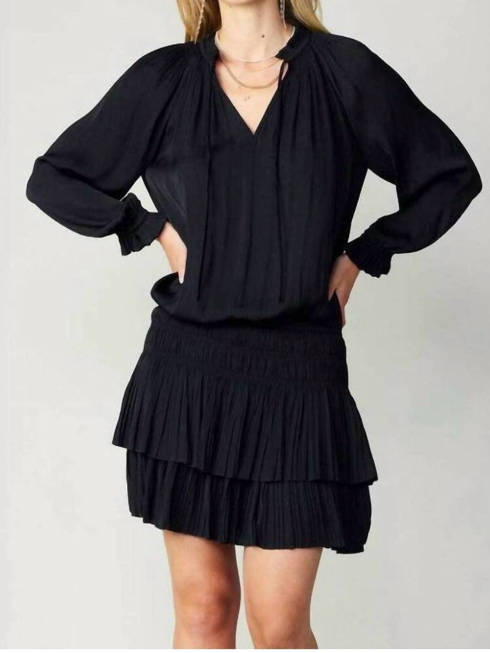 Current Air Black Pleated Top with Smocked Neckline